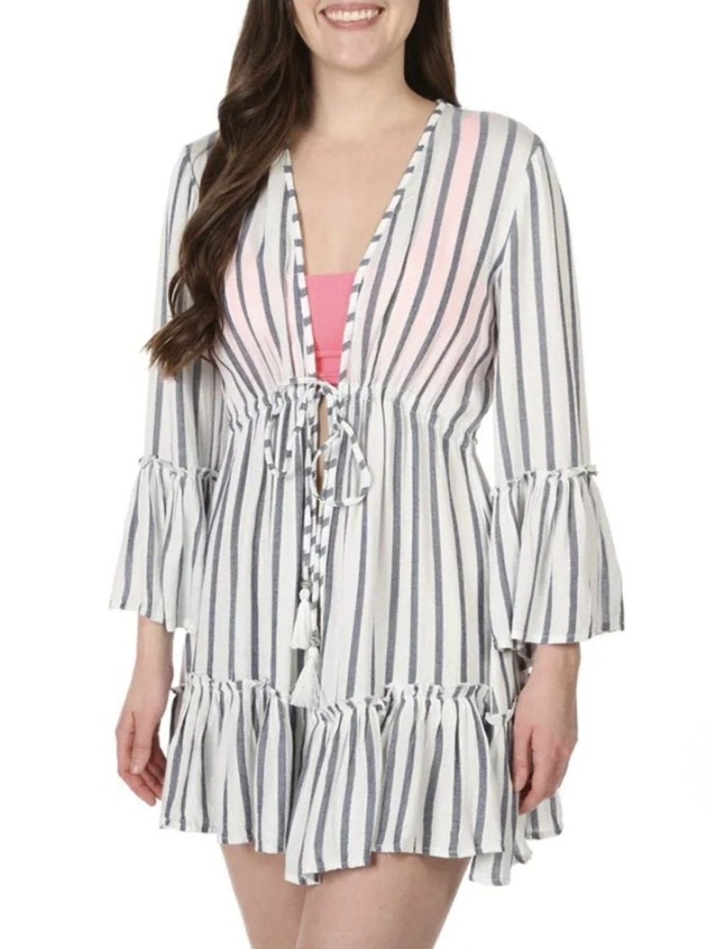 Striped White and Navy Beach Cover-Up Tunic - Women Swim